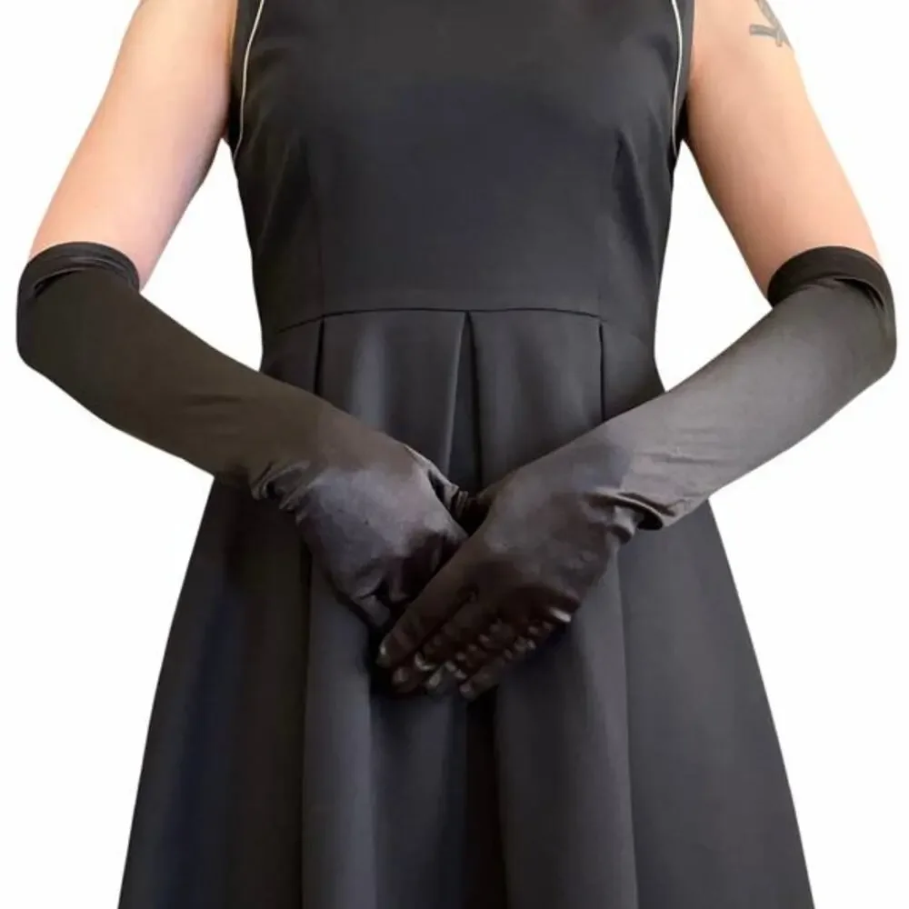 Vintage Black Satin Long Formal Elbow-Length Evening Gloves Size S/M